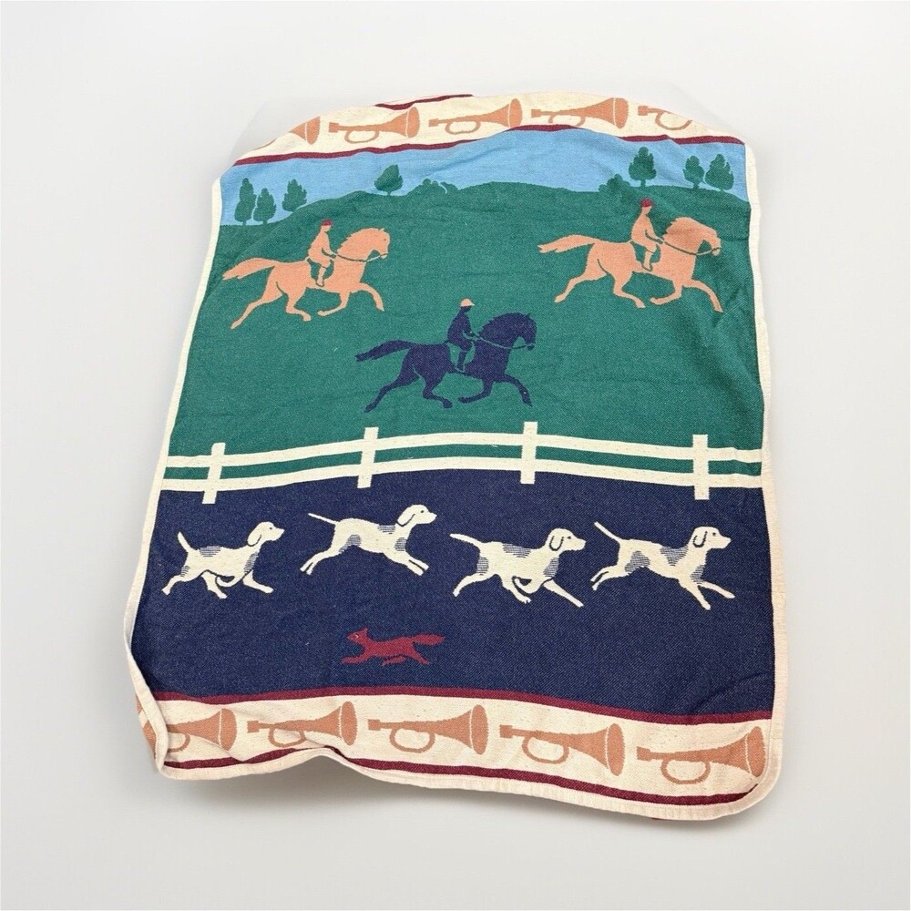 Vintage Horse and Hound Equestrian Novelty Throw Blanket, Multicolor, well loved